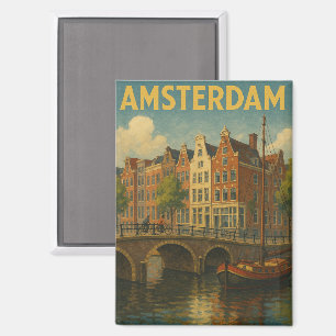 Retro Amsterdam Netherlands Grachten Magnet