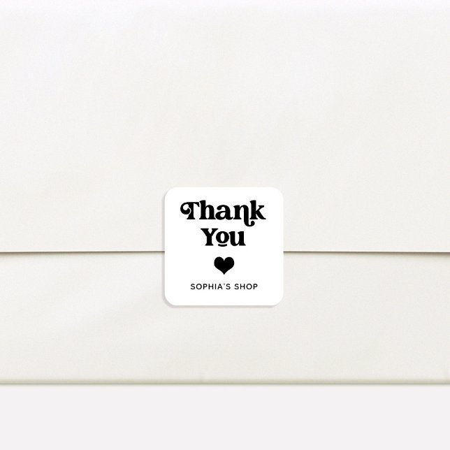 Retro and Boho Black and White Branding Thank You Square Sticker (A retro and boho small business thank you sticker with a heart)