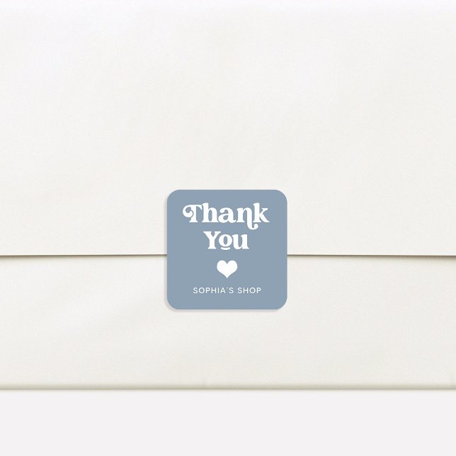 Retro and Boho | Dusty Blue Branding Thank You Square Sticker (A retro and boho small business thank you sticker with a heart)