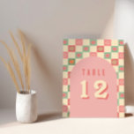 Retro and Groovy Vintage Wedding Table Numbers<br><div class="desc">This bold wedding table number sign embraces a groovy 70s theme, featuring vibrant florals and a coral pink retro chequered pattern. Perfect for couples who love vintage charm with a modern twist. Ideal for retro-inspired, boho, or summer weddings, this invitation captures a fun and free-spirited aesthetic. Explore matching items in...</div>