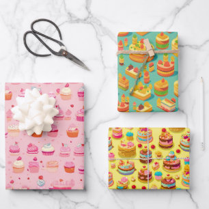 Retro and Vintage Aesthetic Cupcake Party Pattern Wrapping Paper Sheet