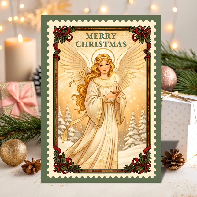 Retro Angel Christmas Postage Stamp Holiday Card (Creator Uploaded)