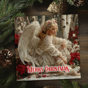 Retro angelic angel red gold festive enchanting holiday card