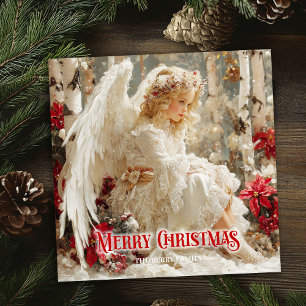 Retro angelic angel red poinsettias stylish card