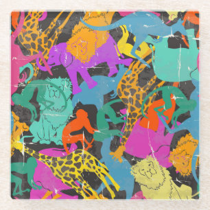 Retro Animal Silhouettes Pattern Glass Coaster