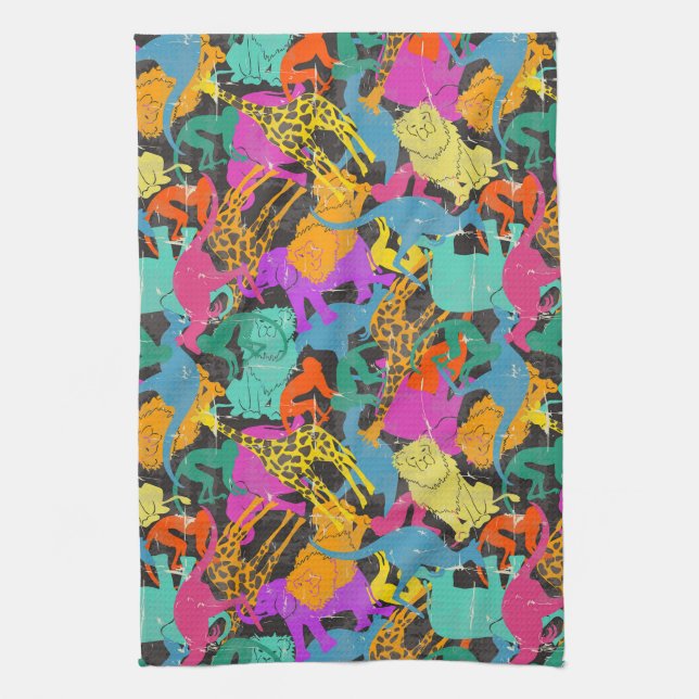 Retro Animal Silhouettes Pattern Tea Towel (Vertical)