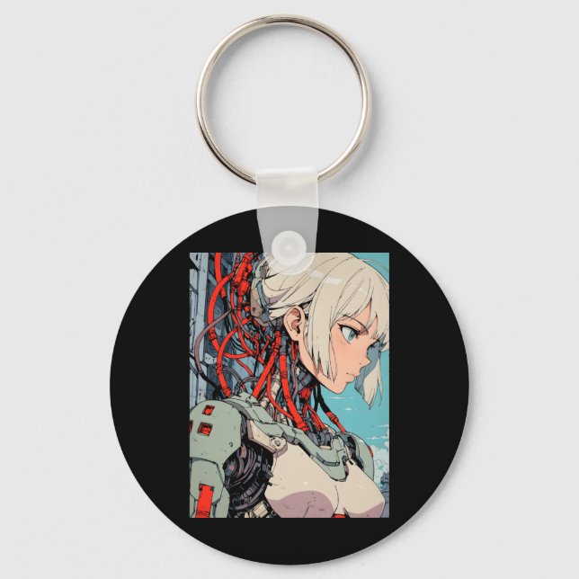 Retro Anime Cybernetic Android Girl Futuristic Sci Key Ring (Front)
