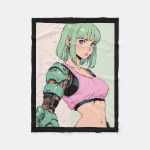 Retro Anime Cybernetic Girl Futuristic Streetwear  Fleece Blanket