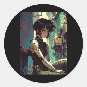 Retro Anime Cyberpunk Girl Dystopian Future Warrio Classic Round Sticker