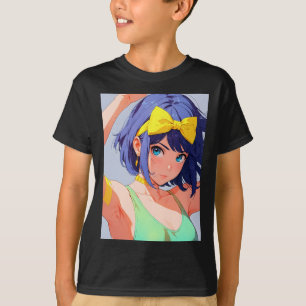 Retro Anime Energetic Girl Blue Hair Yellow Bow St T-Shirt