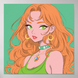 Retro Anime Girl with Ginger Hair and Green Eyes Poster