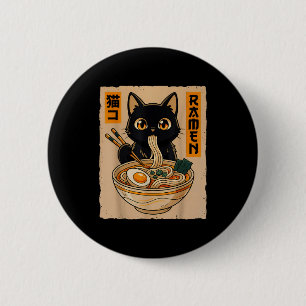 Retro Anime Kawaii Black Cat Eating Ramen Noodles  6 Cm Round Badge