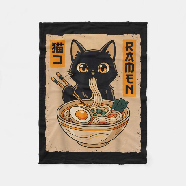 Retro Anime Kawaii Black Cat Eating Ramen Noodles  Fleece Blanket (Front)