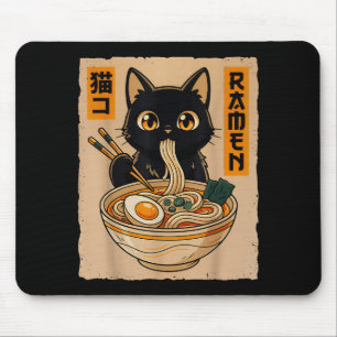Retro Anime Kawaii Black Cat Eating Ramen Noodles  Mouse Pad