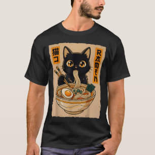 Retro Anime Kawaii Black Cat Eating Ramen Noodles  T-Shirt