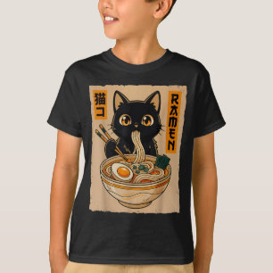 Retro Anime Kawaii Black Cat Eating Ramen Noodles  T-Shirt