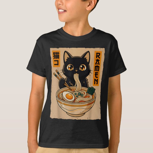 Retro Anime Kawaii Black Cat Eating Ramen Noodles  T-Shirt (Front)