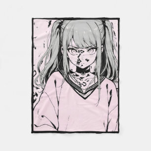 Retro Anime Monochrome Girl Soft Pastel Vibes Stic Fleece Blanket