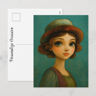 Retro Anime Pretty Woman In Hat Vintage Whimsical Holiday Postcard
