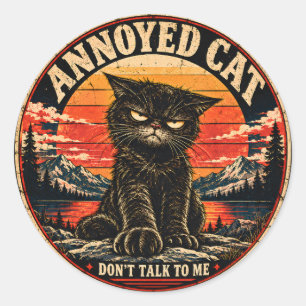 Retro Annoyed Black Cat Orange Sunset Badge Classic Round Sticker
