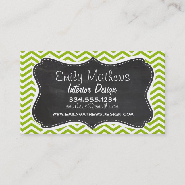 Retro Apple Green Chevron Stripes; Chalkboard look Business Card (Front)