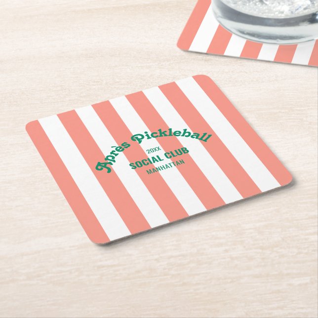 Retro Après Pickle Ball Social Club Pink Stripe  Square Paper Coaster (Angled)