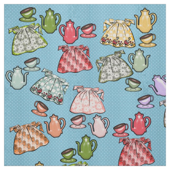 Retro Aprons and Teapots on Sea Blue Polka Dots Fabric (Swatch)