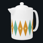 Retro Aqua Blue Green Yellow Stars With Diamonds<br><div class="desc">This fabulous mid-century modern teapot features turquoise blue and orange diamonds with cream coloured stars.  It's a great way to add some fun to your kitchen!</div>