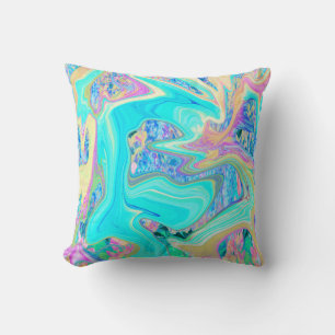 Retro Aqua Blue Liquid Art on Abstract Hydrangeas Cushion