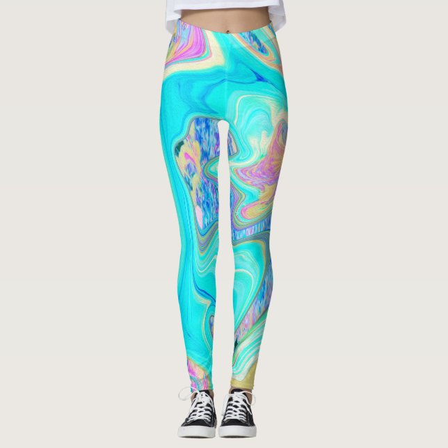 Retro Aqua Blue Liquid Art on Abstract Hydrangeas Leggings (Front)