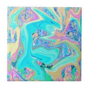 Retro Aqua Blue Liquid Art on Abstract Hydrangeas Tile