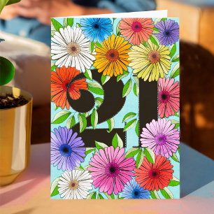 Retro Aqua Blue Personalised 21st Birthday Floral Card