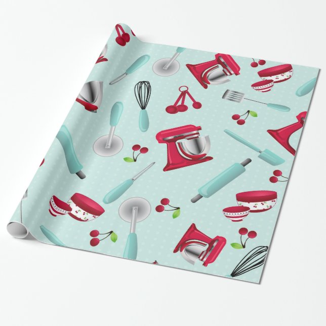 Retro Aqua Kitchen Gadget Wrapping Paper (Unrolled)