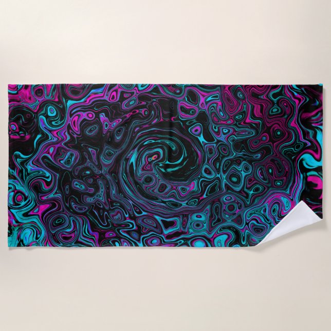 Retro Aqua Magenta and Black Abstract Swirl Beach Towel (Front)