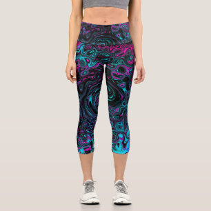 Retro Aqua Magenta and Black Abstract Swirl Capri Leggings