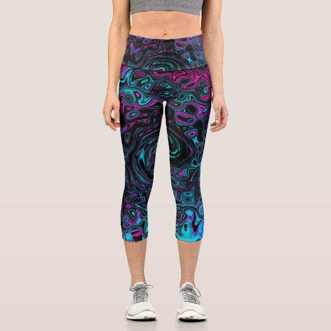 Retro Aqua Magenta and Black Abstract Swirl Capri Leggings (Front)