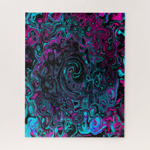 Retro Aqua Magenta and Black Abstract Swirl Jigsaw Puzzle