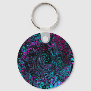 Retro Aqua Magenta and Black Abstract Swirl Key Ring