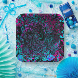 Retro Aqua Magenta and Black Abstract Swirl Paper Plate
