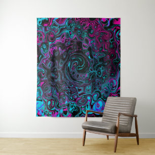 Retro Aqua Magenta and Black Abstract Swirl Tapestry
