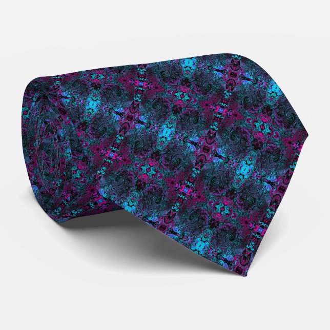 Retro Aqua Magenta and Black Abstract Swirl Tie (Rolled)
