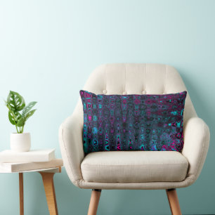 Retro Aqua Magenta and Black Abstract Waves Lumbar Cushion