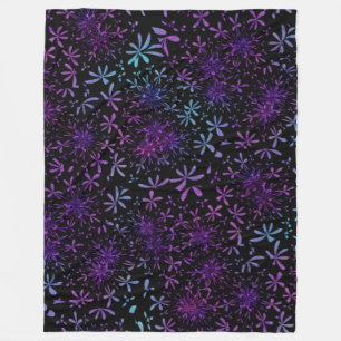 Retro Aqua Purple Floral Blossoms Fleece Blanket