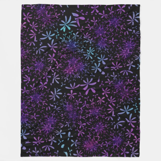 Retro Aqua Purple Floral Blossoms Fleece Blanket (Front)