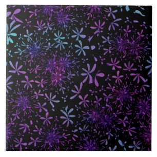 Retro Aqua Purple Floral Blossoms Tile
