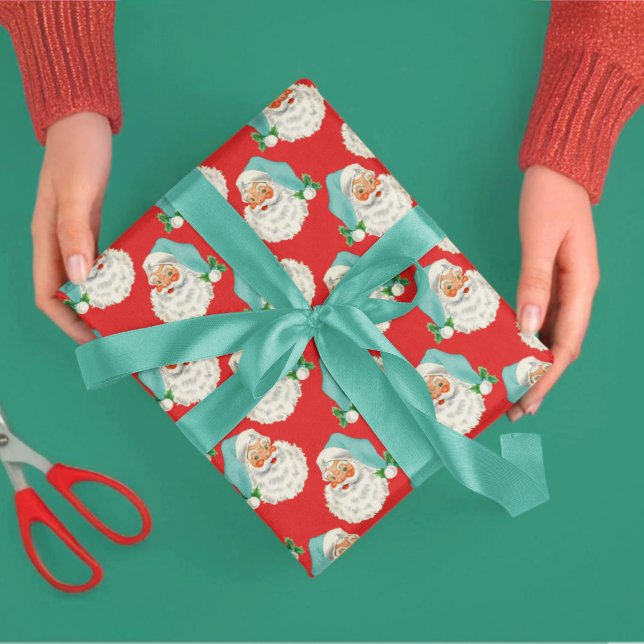 Retro Aqua Santa on Red Christmas Wrapping Paper (Creator Uploaded)
