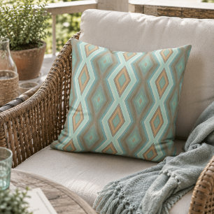 Retro Aqua Turquoise Brown Diamond Squares Art Cushion
