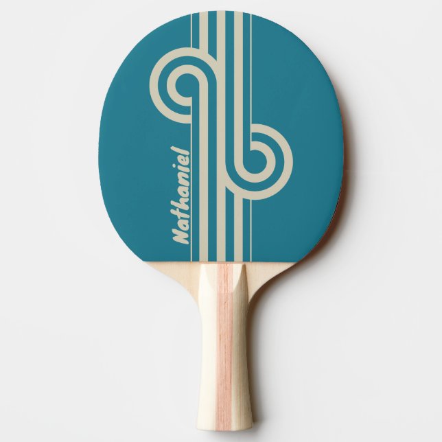 Retro Aquamarine Dual Stripe Loop with Name Ping Pong Paddle (Back)