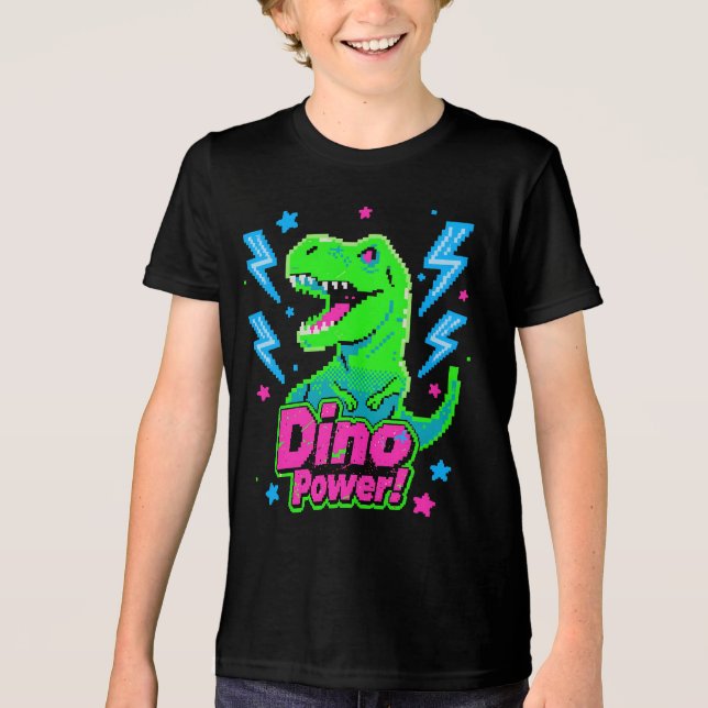 Retro Arcade Dino Power Pixel T-Rex Tri-Blend Shirt (Front)
