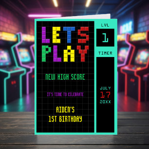 Retro Arcade Game Kids 1st Birthday Thank You Card